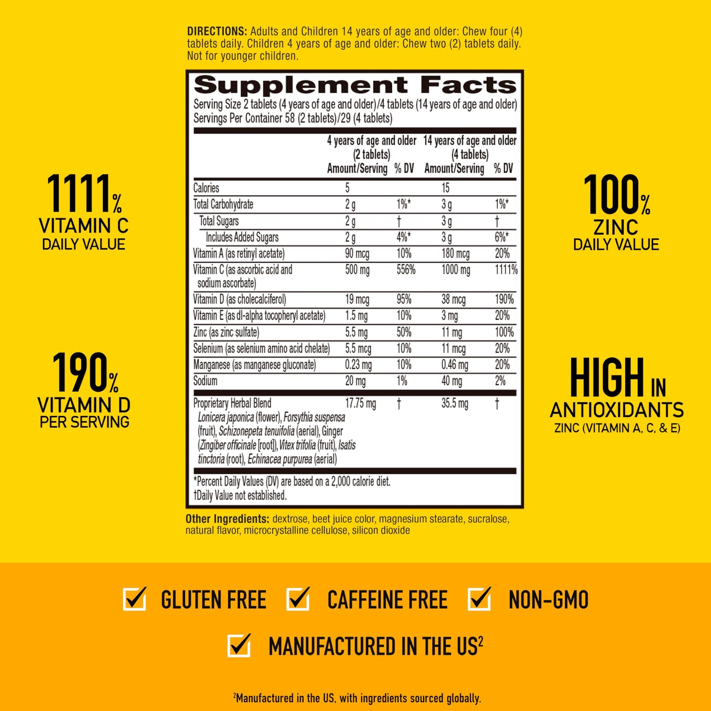 Suplemento Airborne con vitaminas C, D y Zinc 116 tabletas