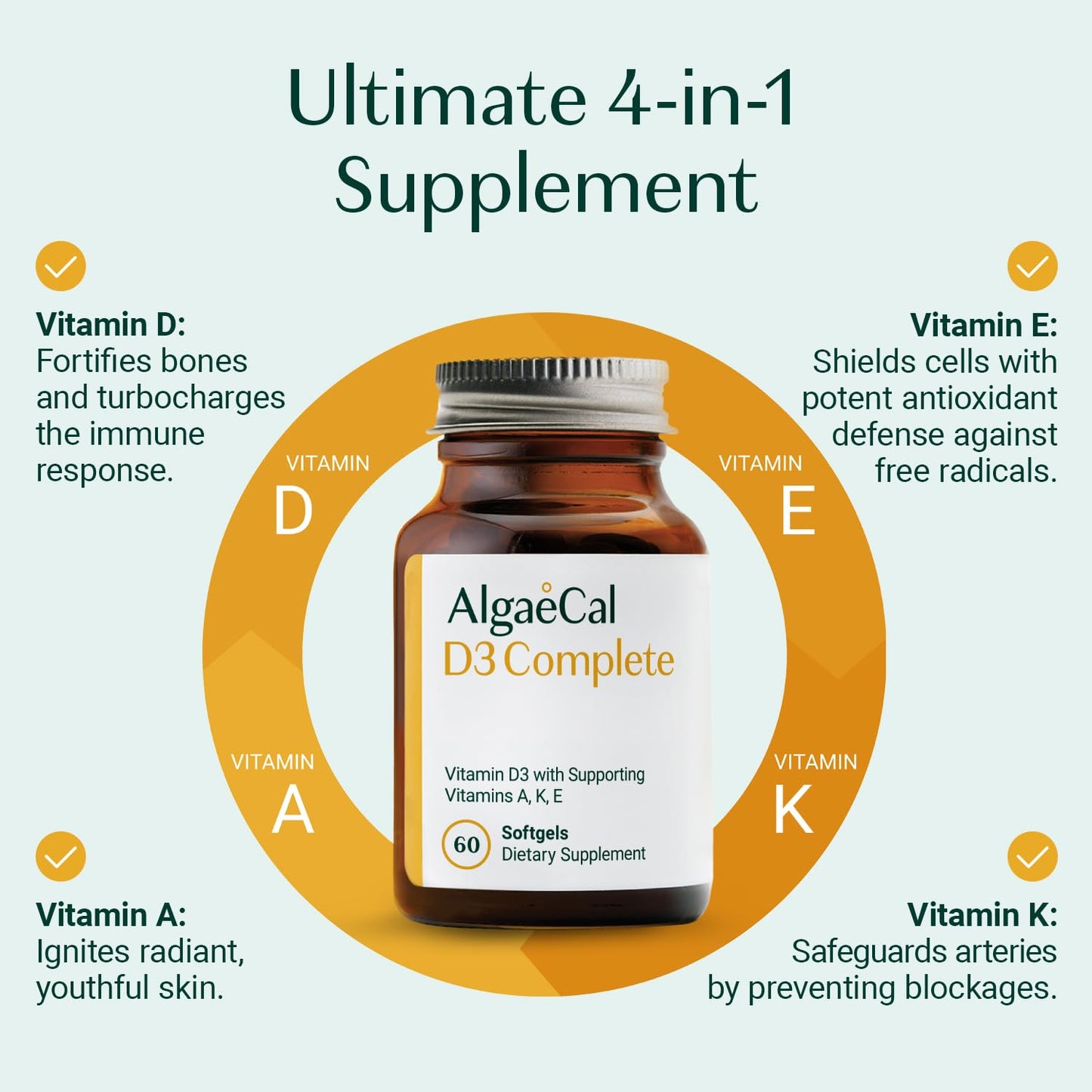 Suplemento ALGAECAL 4 en 1 vitaminas D3 K2 A E vista lateral