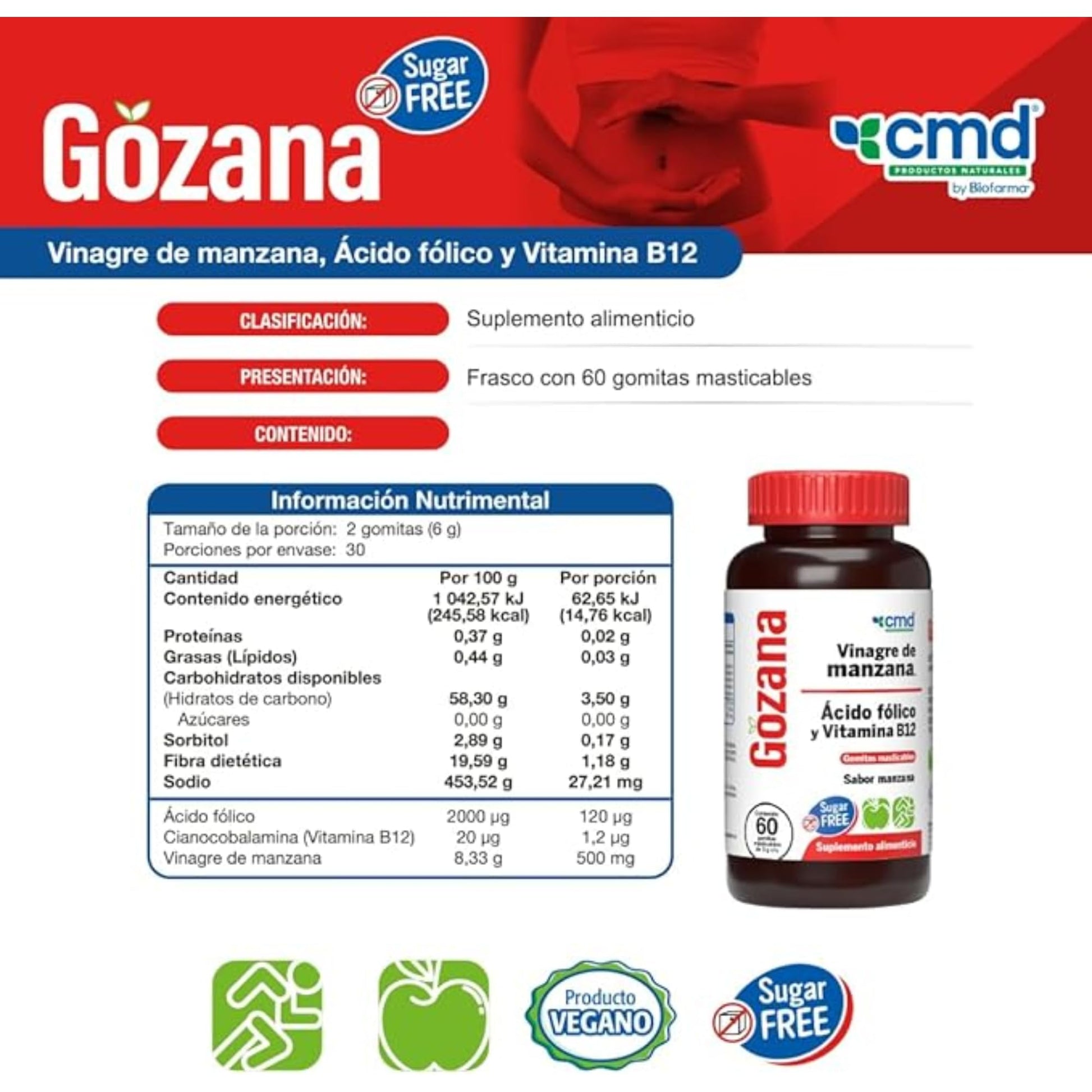 Suplemento alimenticio Gozana con etiqueta informativa
