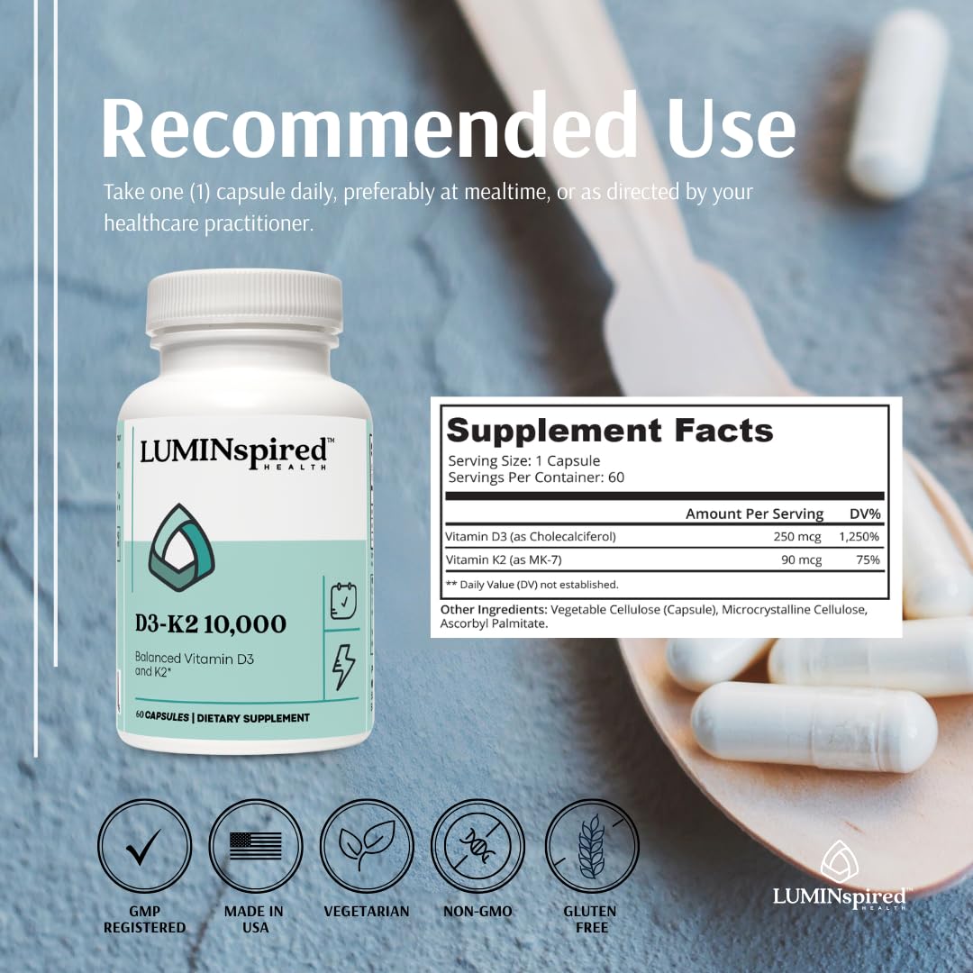 Suplemento alta potencia LUMINspired HEALTH D3 K2 para salud ósea