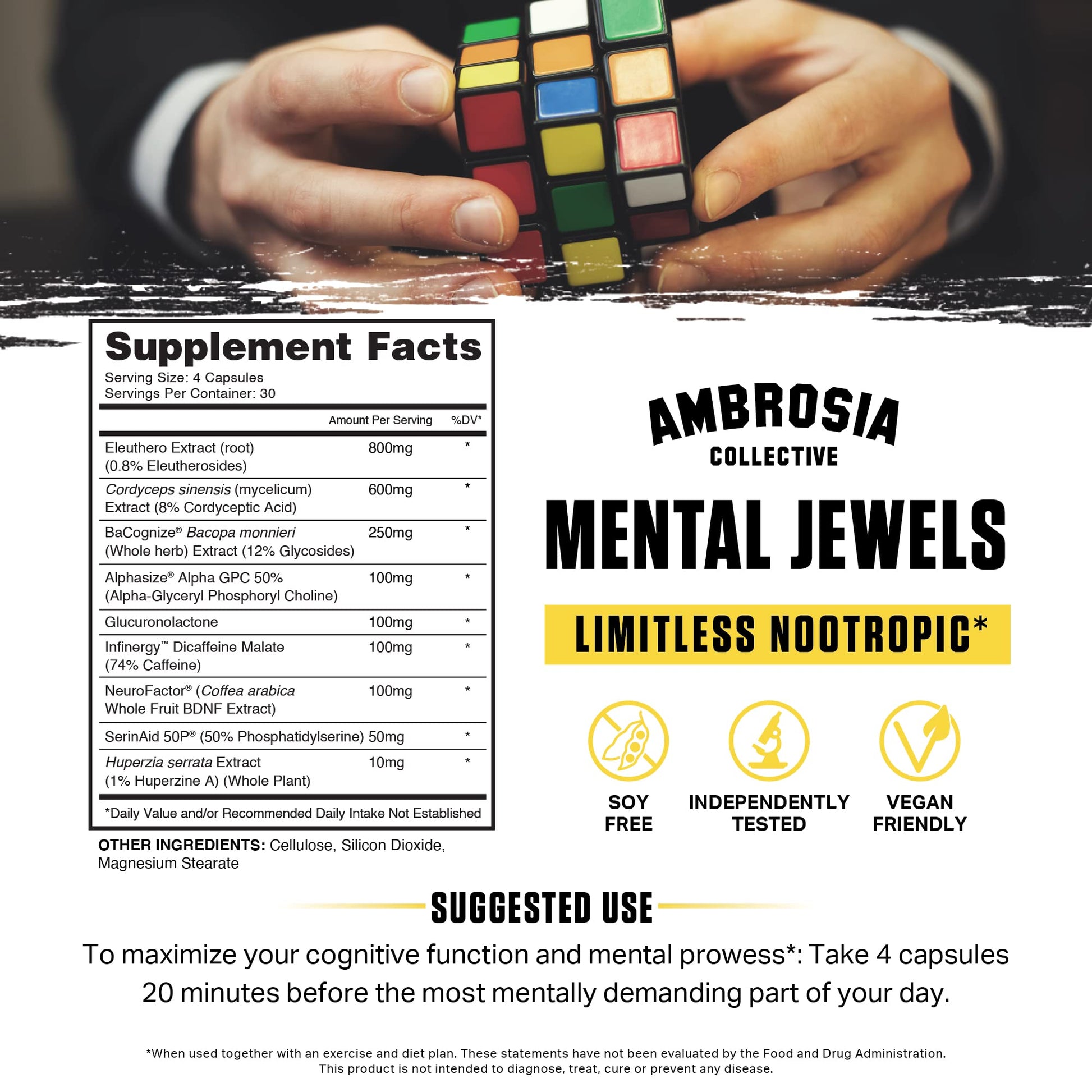 Suplemento Ambrosia Mental Jewels en fondo Rubik