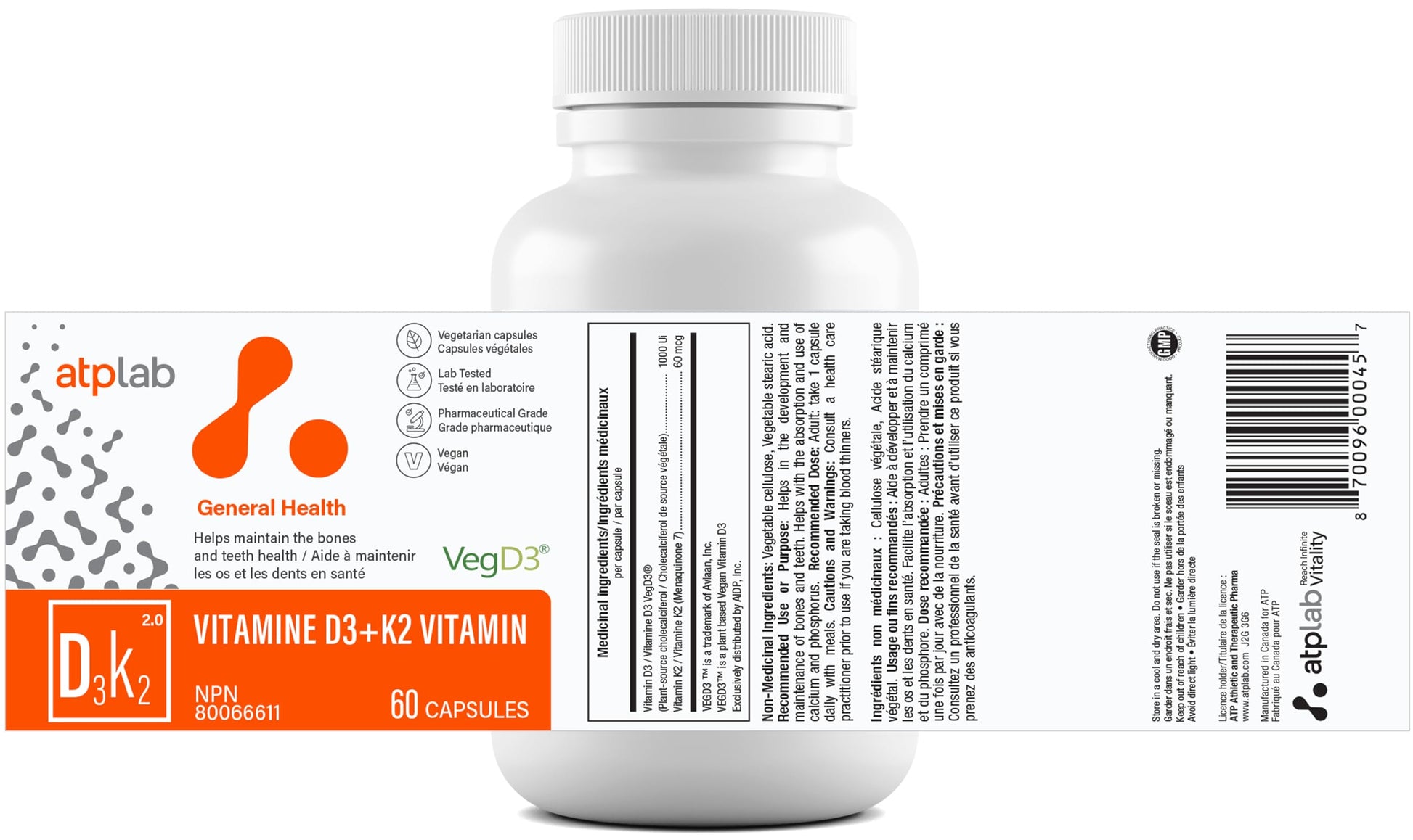Suplemento ATP LAB para bienestar general d3 y k2