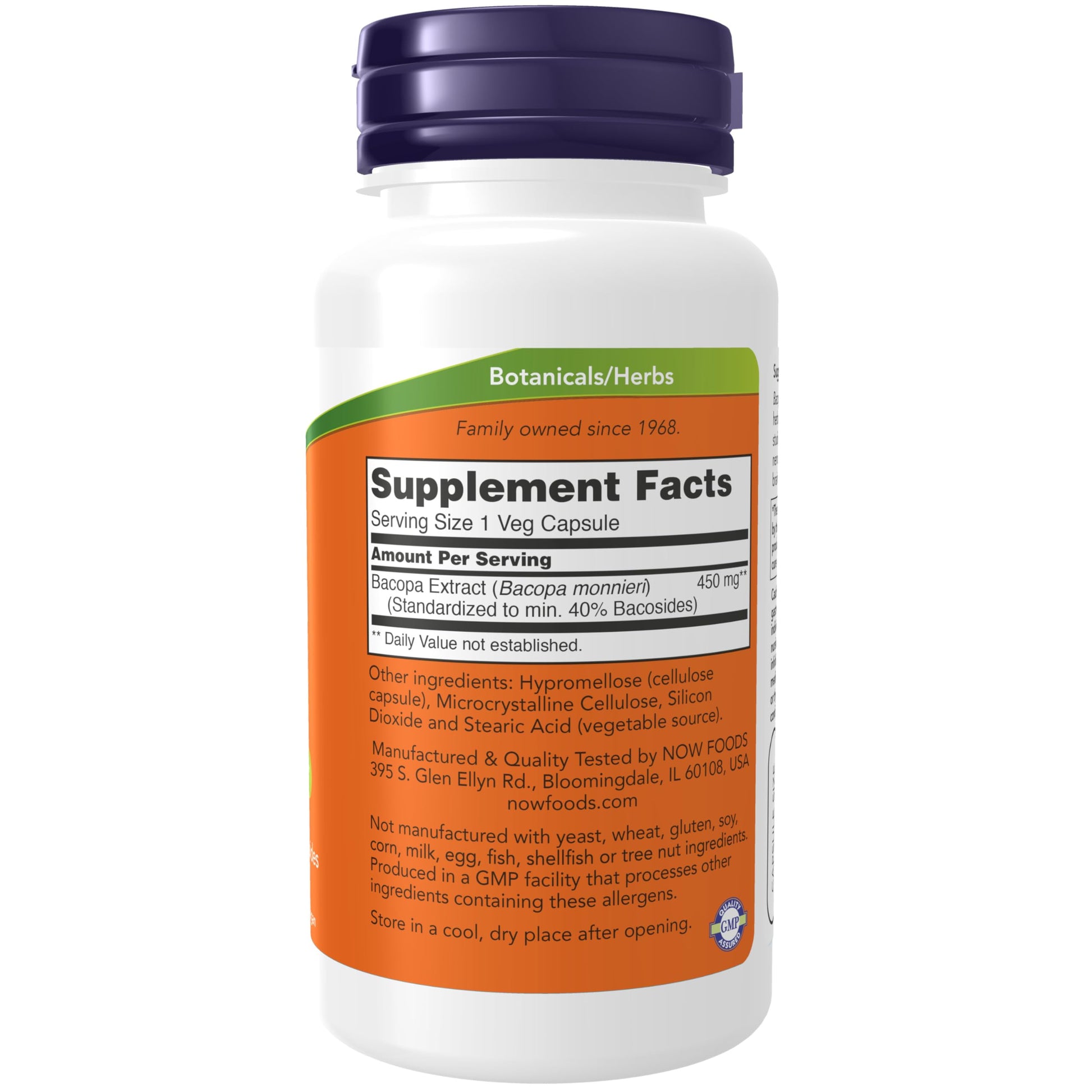 Suplemento de Bacopa con información nutricional