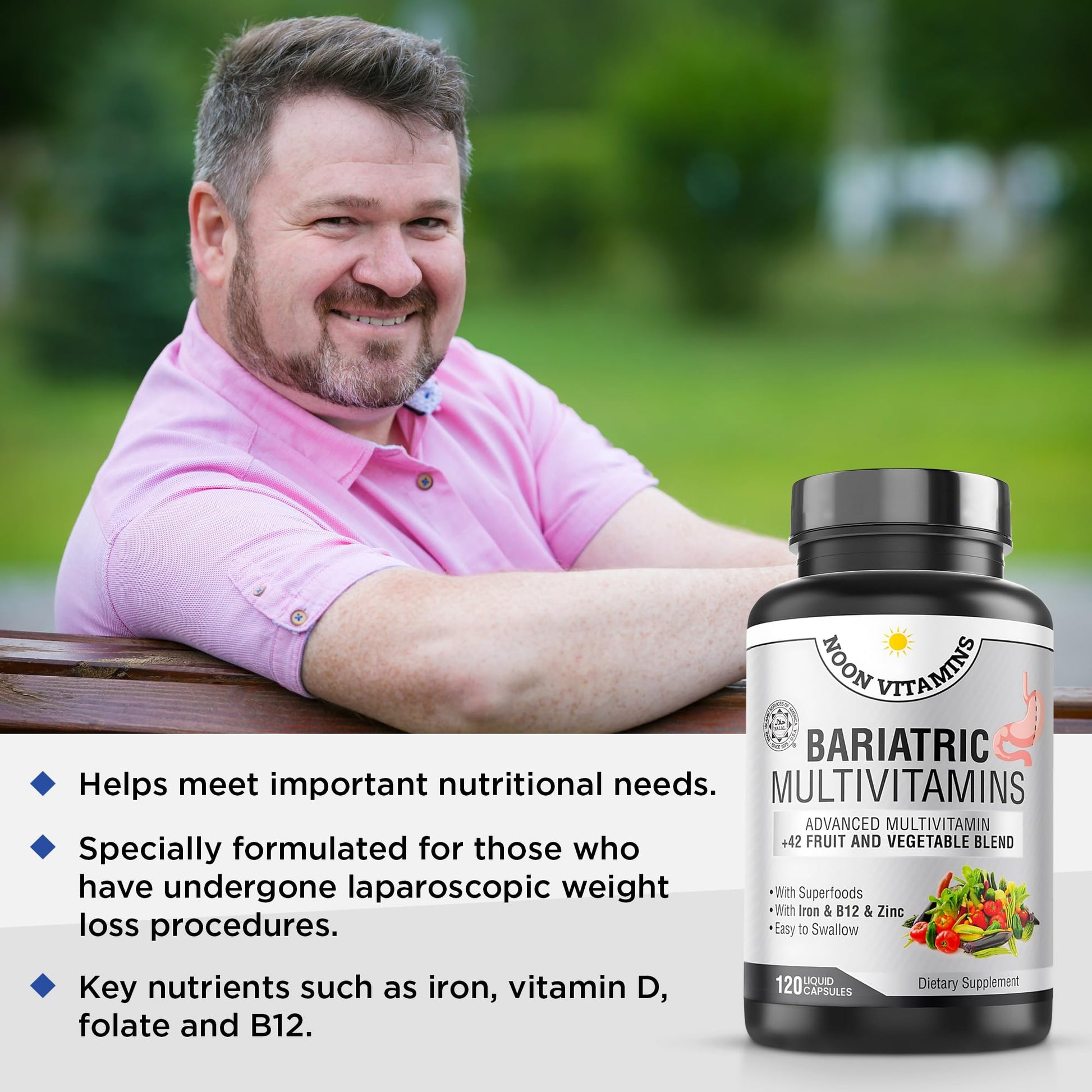 Suplemento bariátrico con alto contenido en vitaminas B y D.