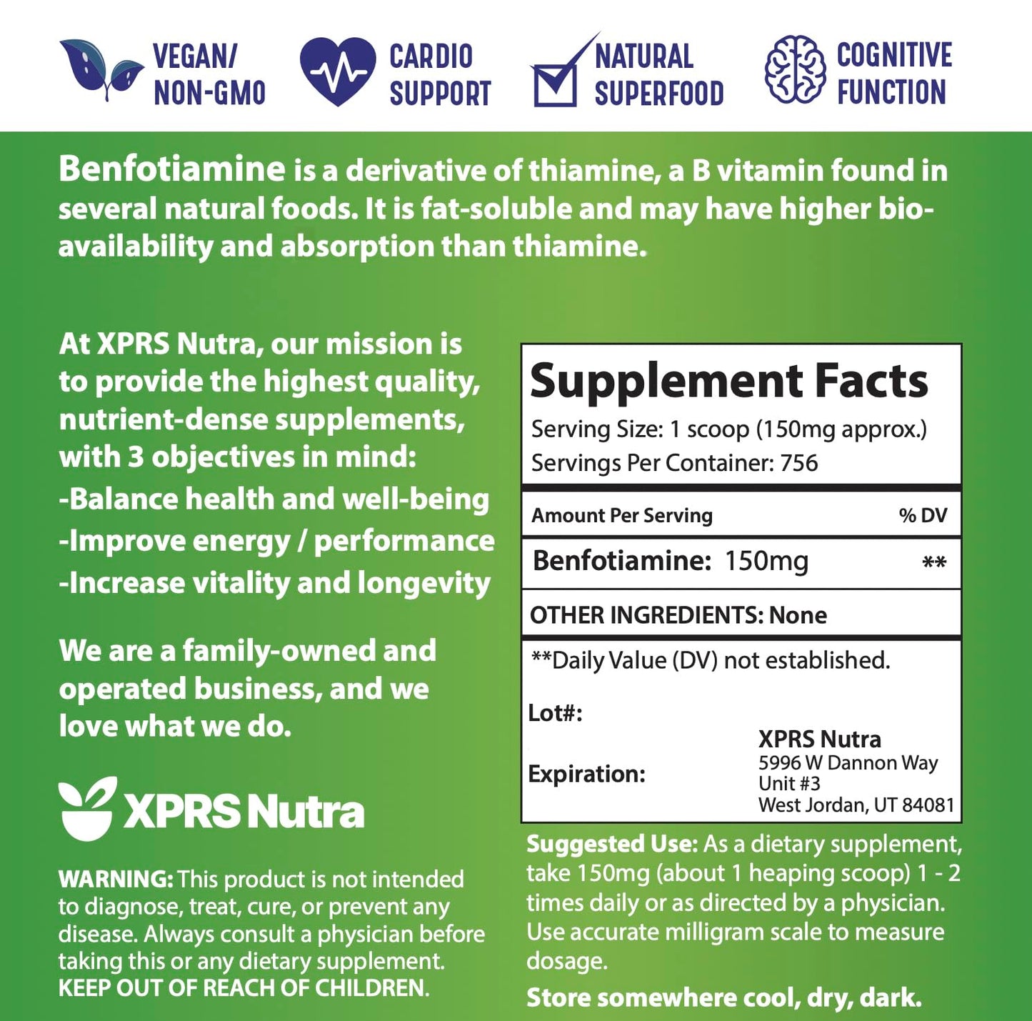 Suplemento benfotiamina tiamina B1 en polvo XPRS Nutra