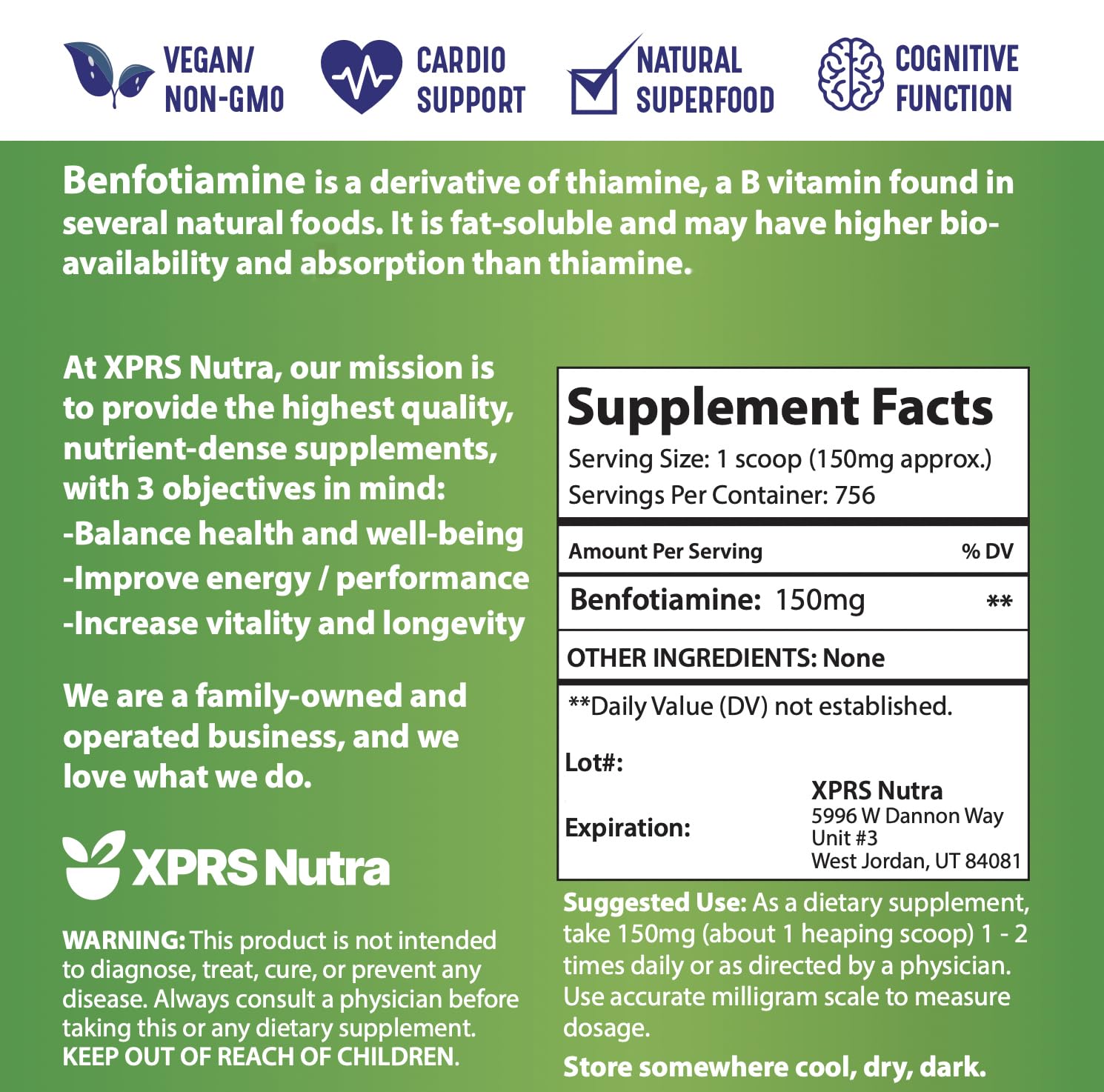 Suplemento benfotiamina tiamina B1 en polvo XPRS Nutra