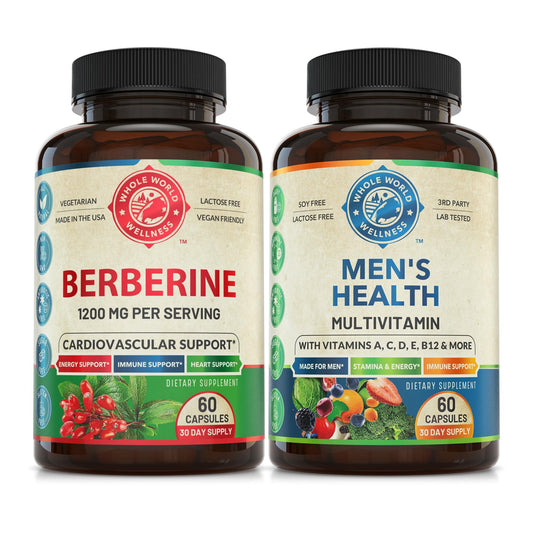 Dos frascos: suplemento de berberina y multivitaminas para hombres