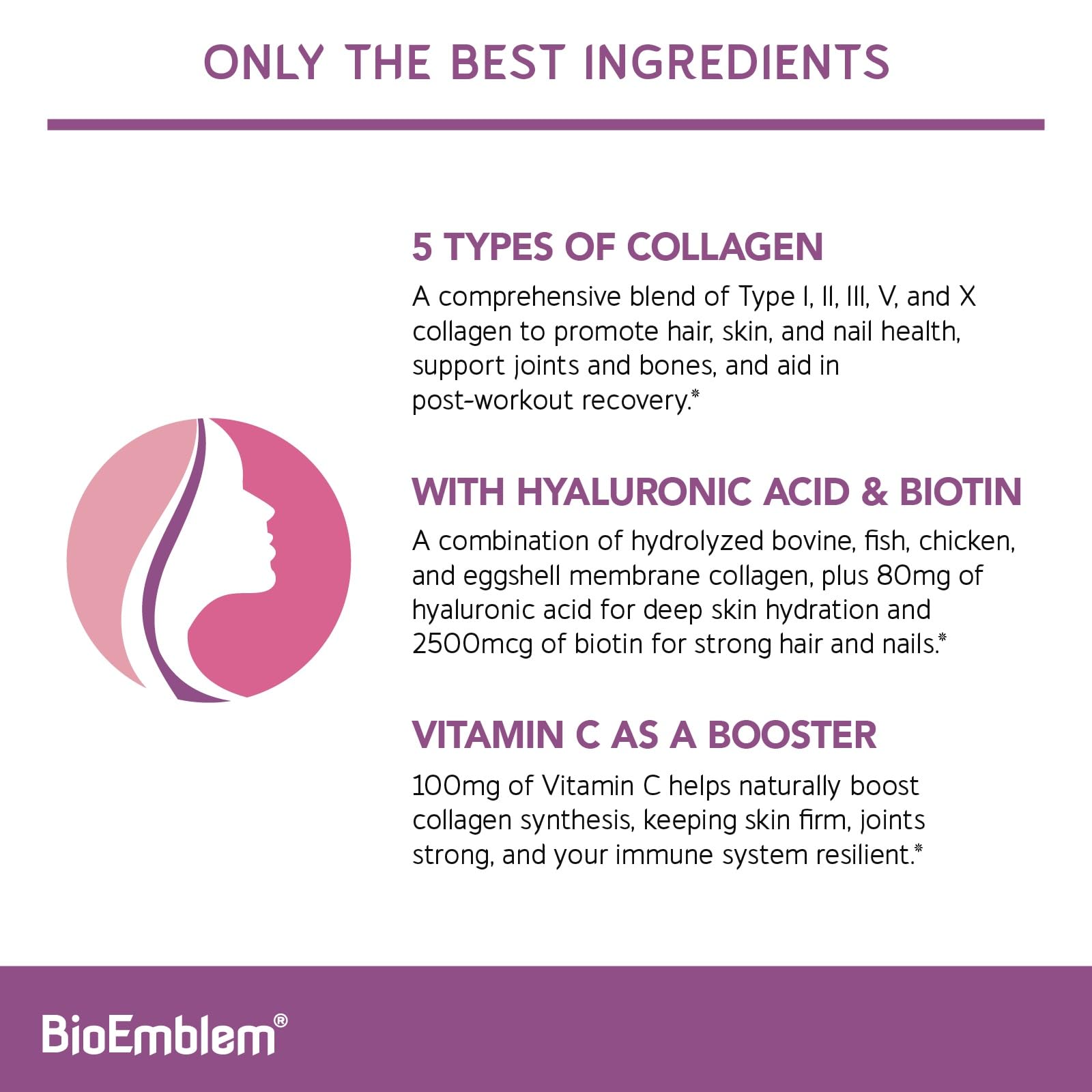 Suplemento BioEmblem con antioxidantes y colágeno para longevidad