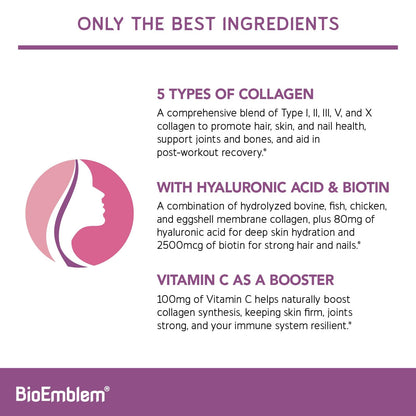 Suplemento BioEmblem con antioxidantes y colágeno para longevidad