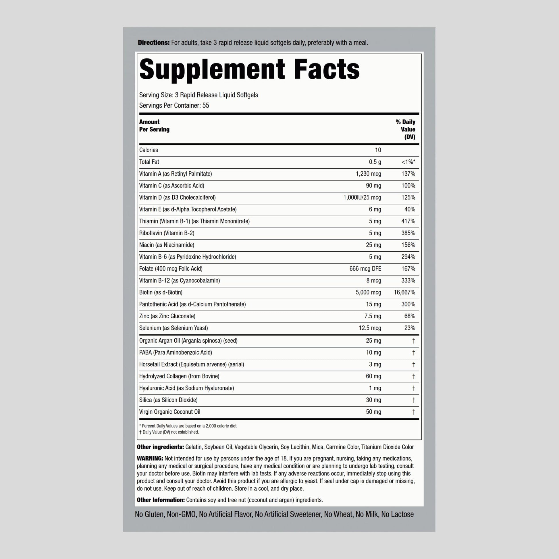 Suplemento biotina 5000mcg con aceite de argán y coco Piping Rock