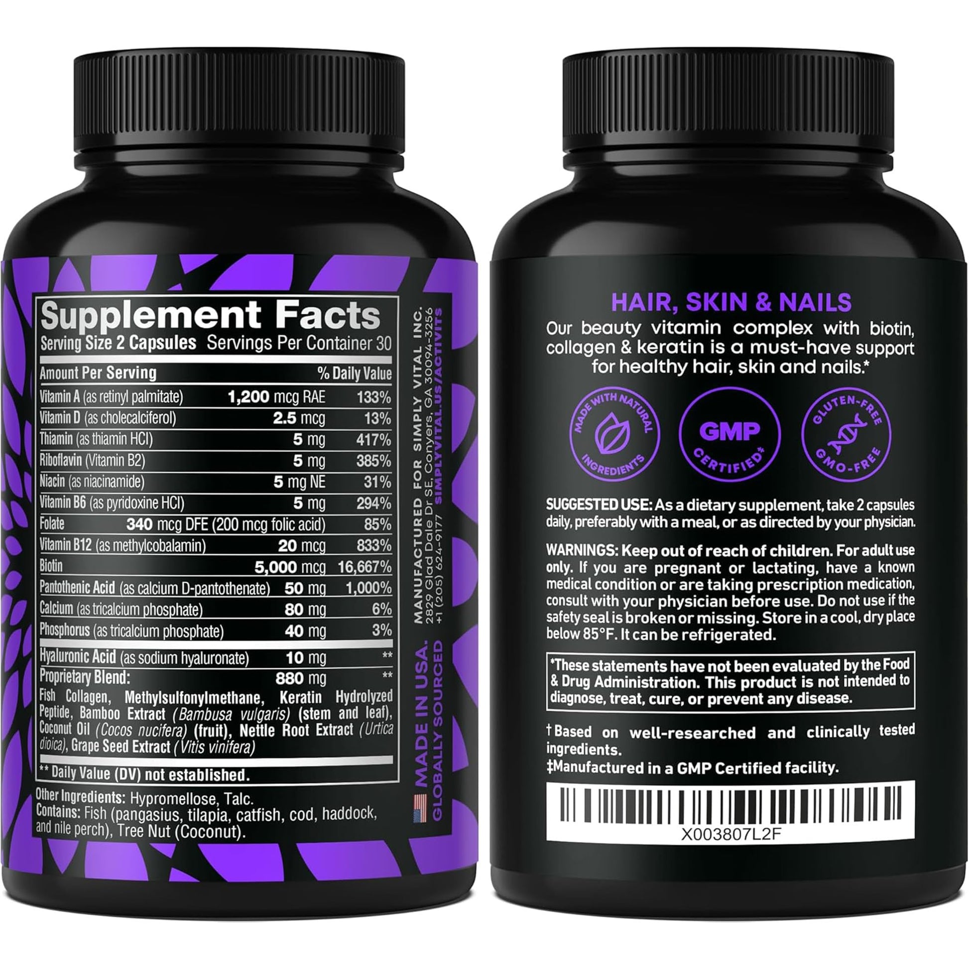 Suplemento biotina colágeno y queratina SimplyVital cápsulas
