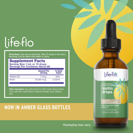 Suplemento de biotina líquida Life-Flo sabor vainilla para piel cabello uñas