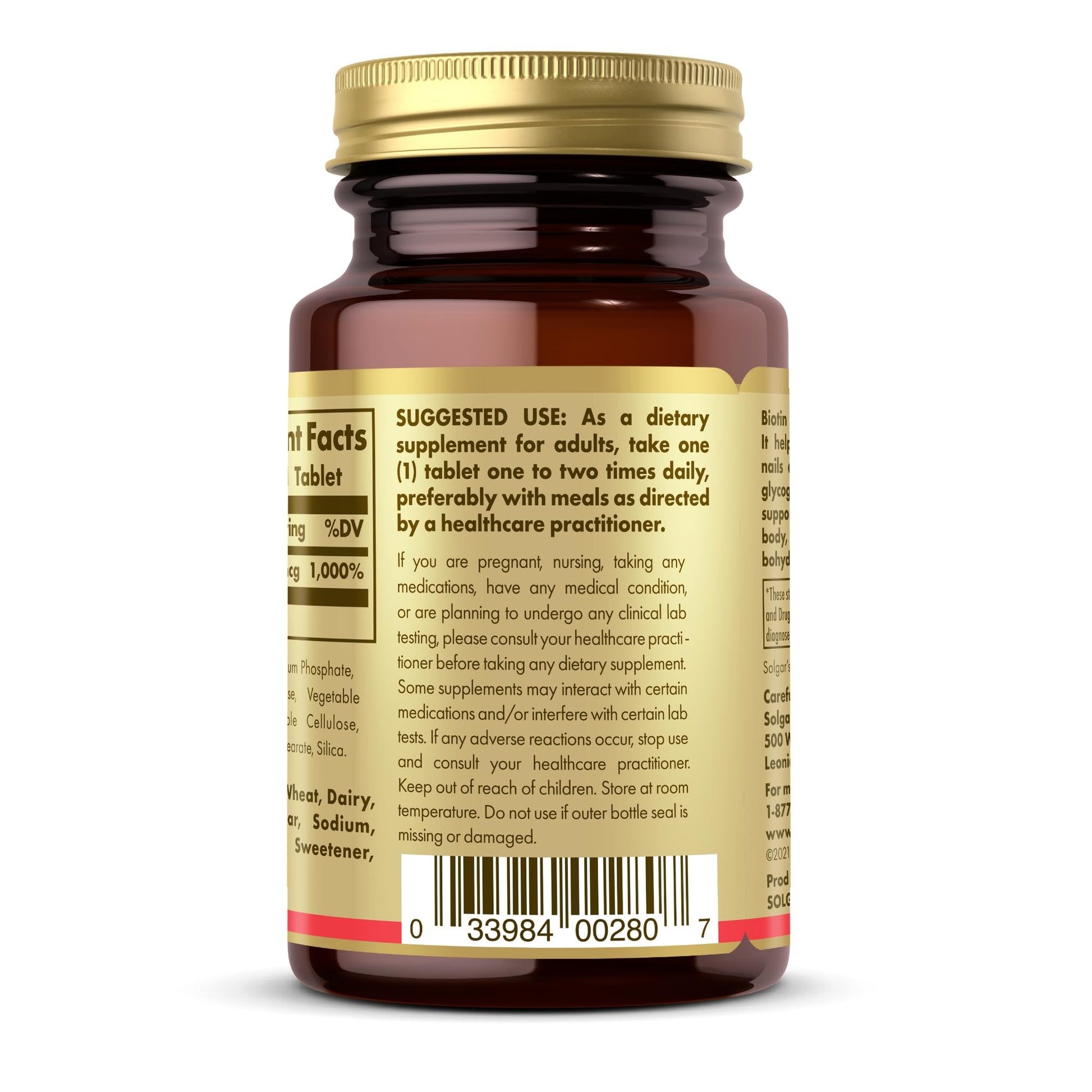 Suplemento biotina SOLGAR por 100 dosis vegano sin gluten