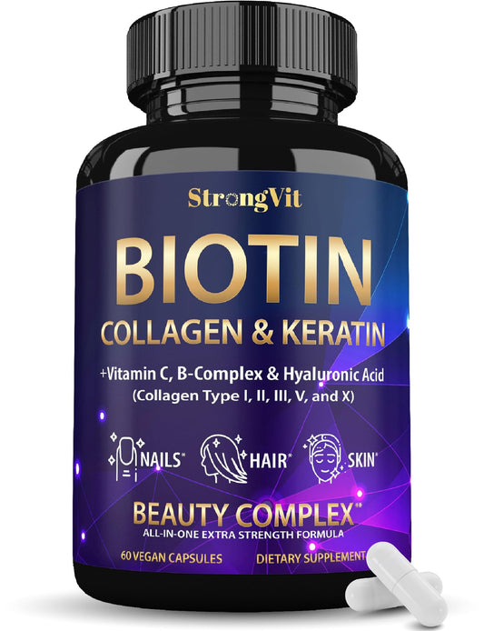Suplemento de biotina StrongVit con colágeno en botella.