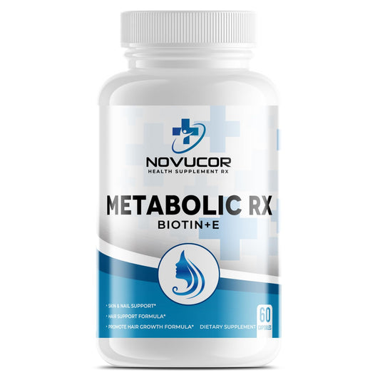 Frasco de suplemento Biotina y Vitamina E Novucor 60 cápsulas