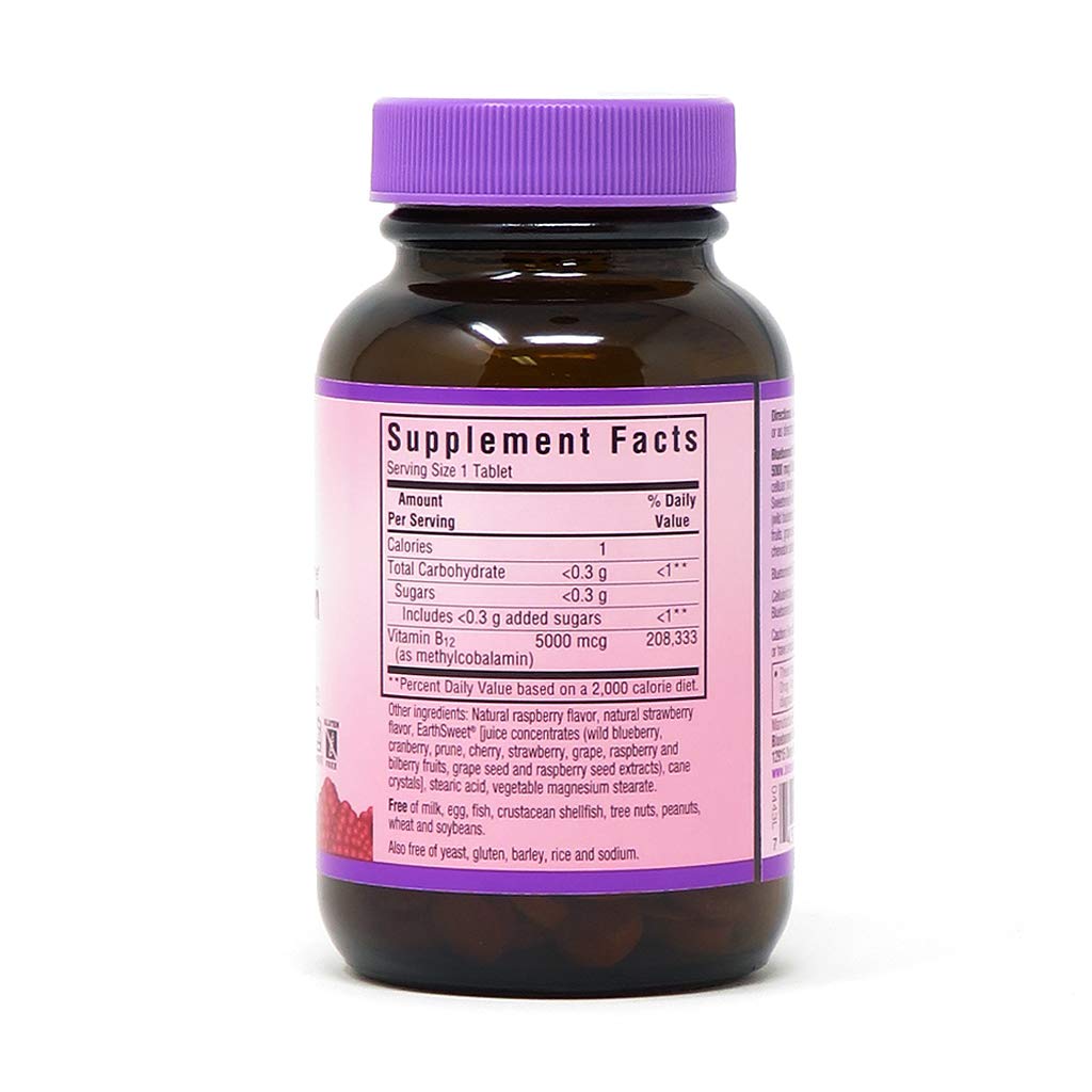 Suplemento Bluebonnet B12 metilcobalamina sabor frambuesa 60 tabletas
