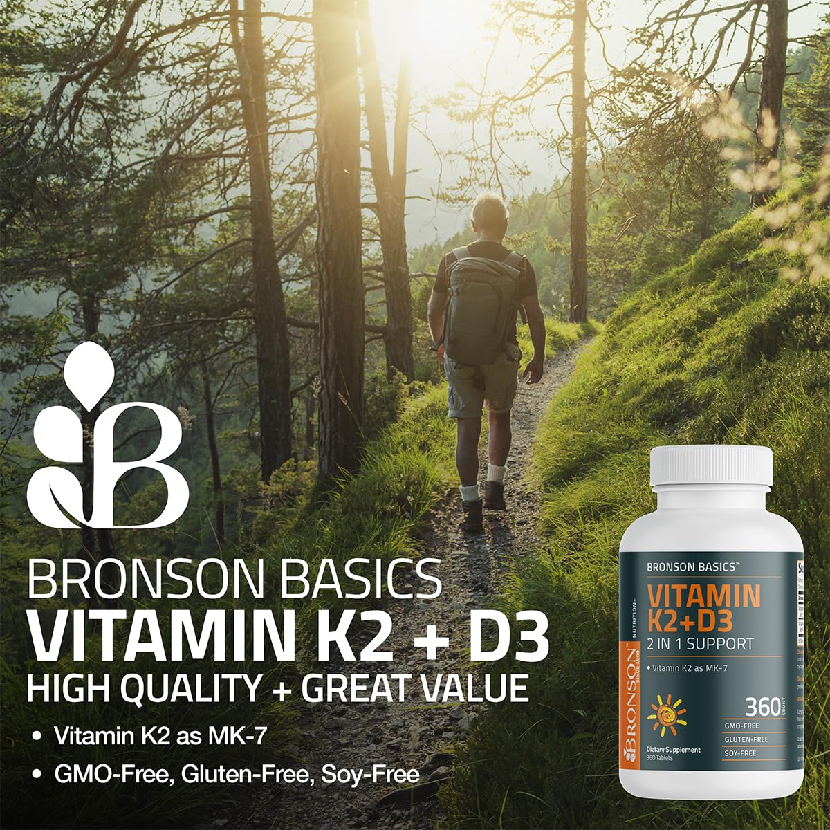Suplemento Bronson sin OMG con K2 MK-7 y vitamina D3 5000 IU