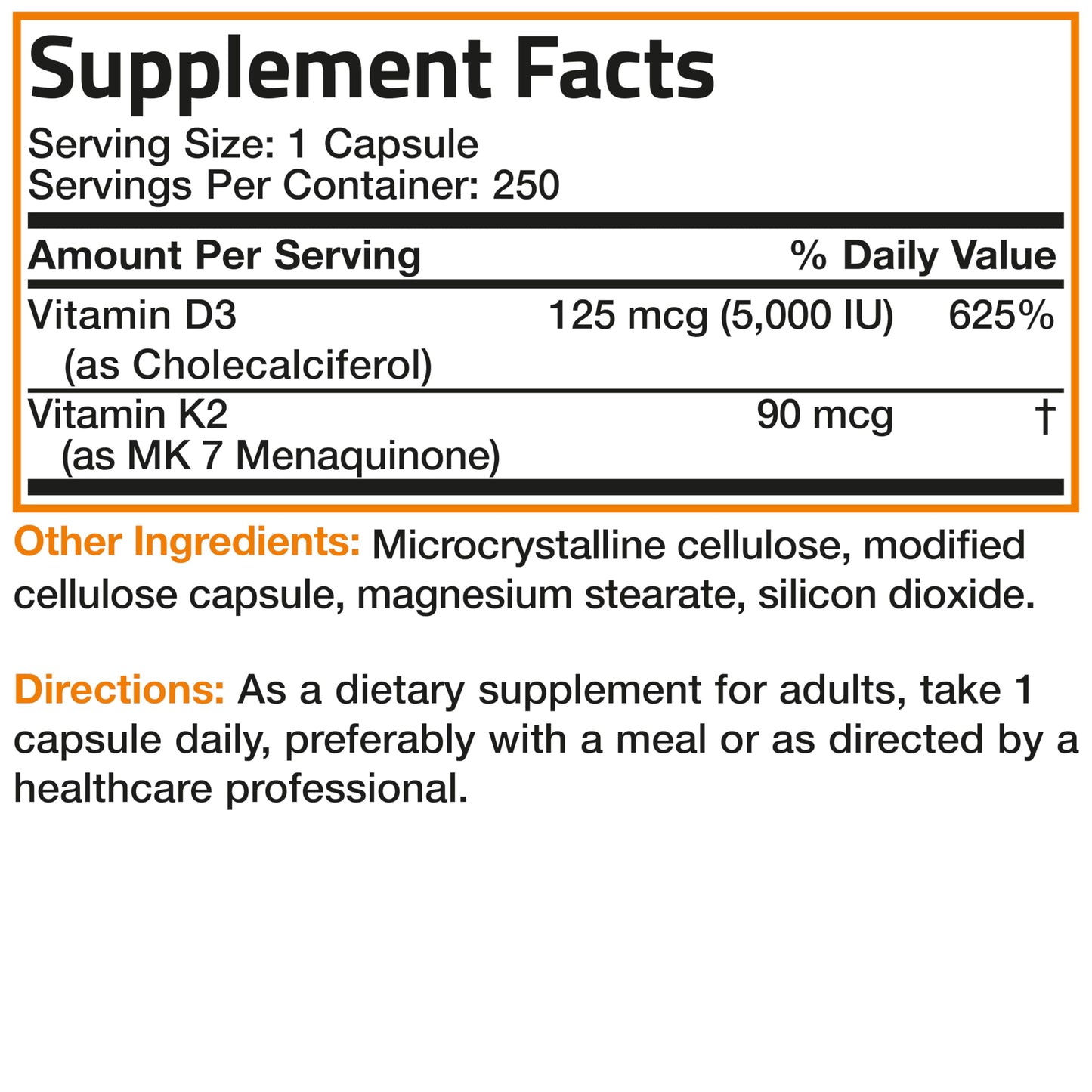 Suplemento Bronson vitamina K2 MK7 y D3 250 cápsulas