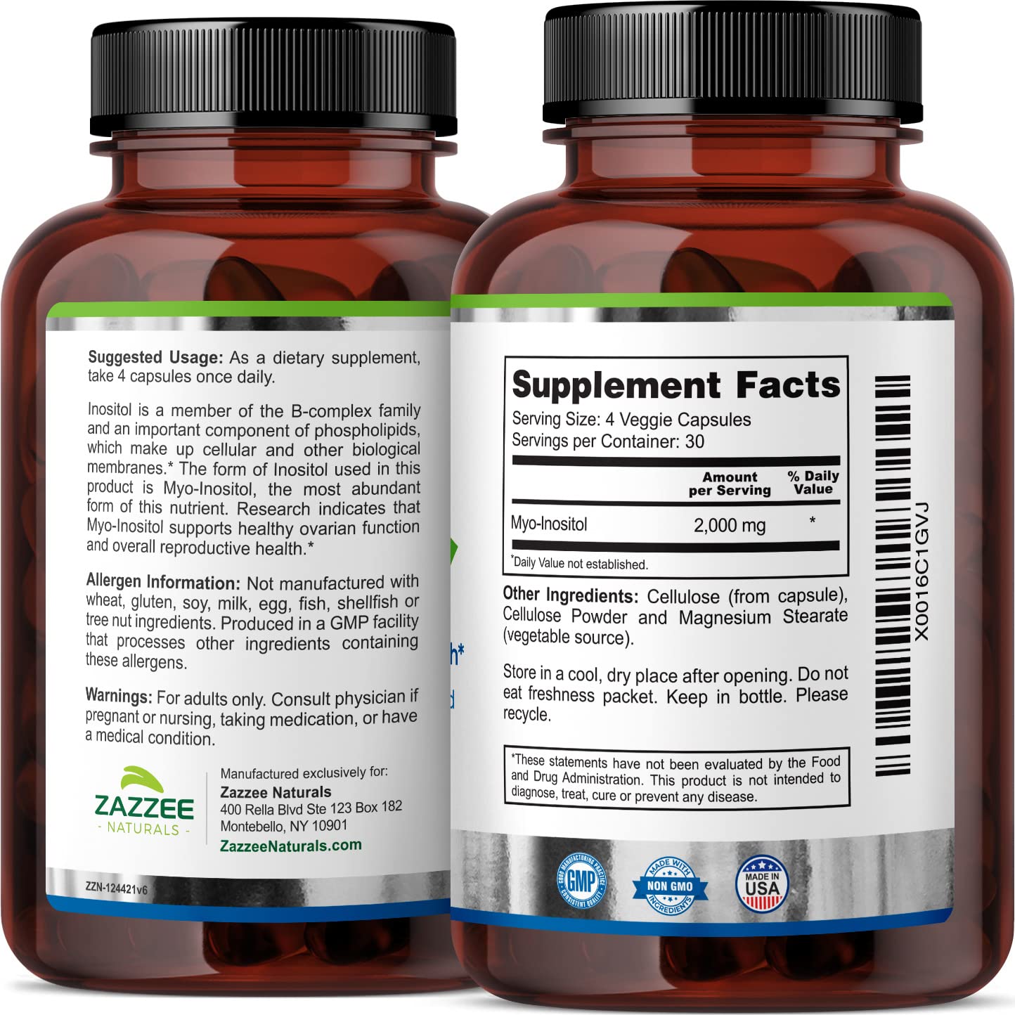 Suplemento cápsulas mio-inositol Zazzee natural