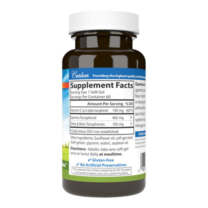 Suplemento Carlson Gamma Tocoferol 60 cápsulas para bienestar