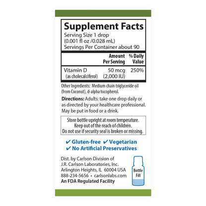 Suplemento carlson vitamina d3 gotas líquidas veganas