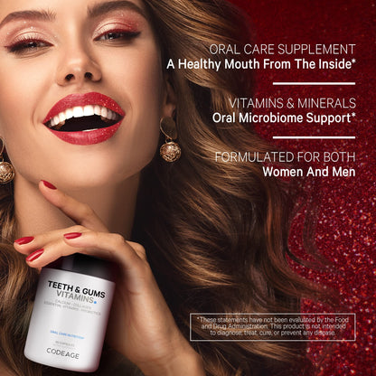 Imagen promocional del suplemento Codeage para el cuidado de dientes y encías, con modelo sonriendo.