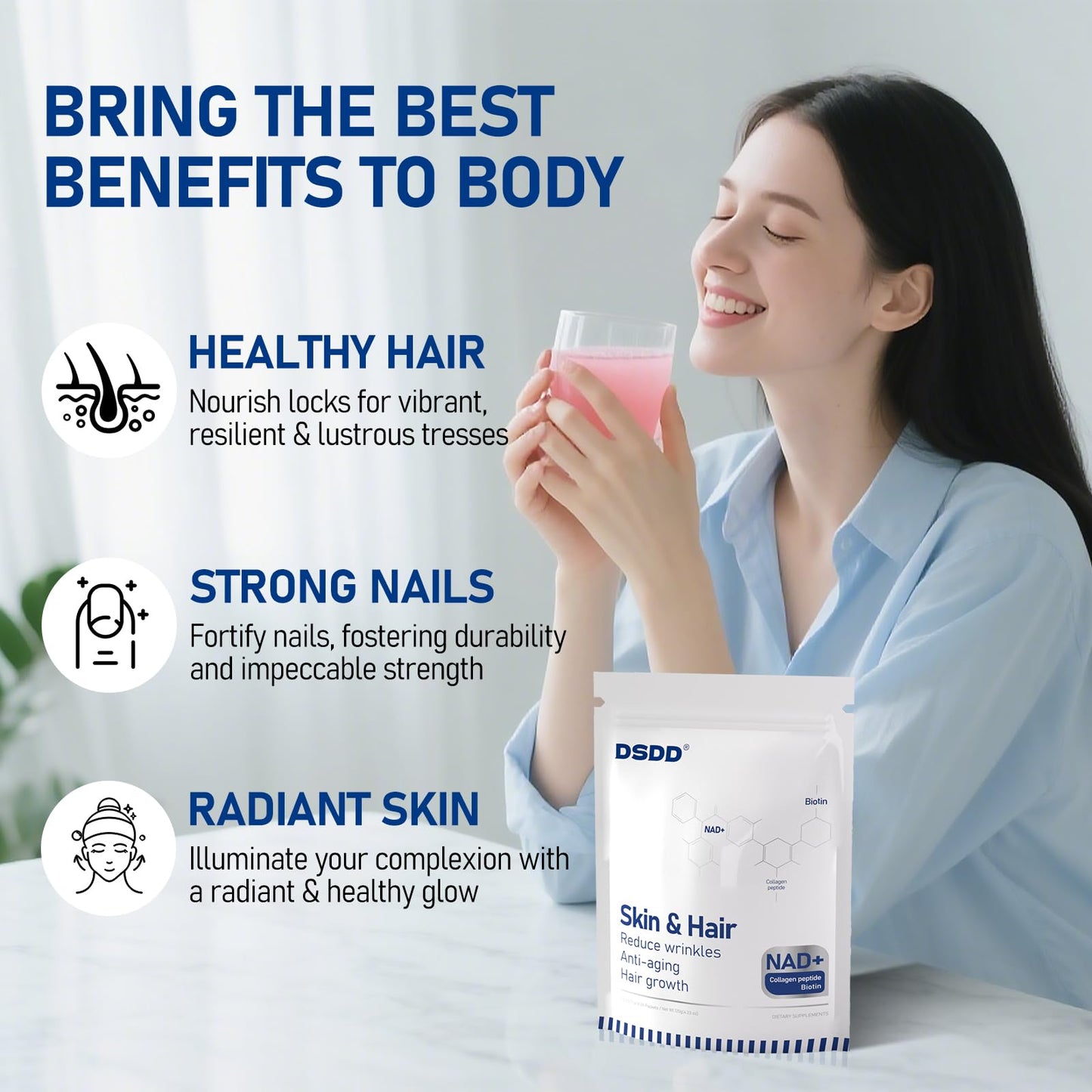 Suplemento con colágeno y biotina para belleza y salud