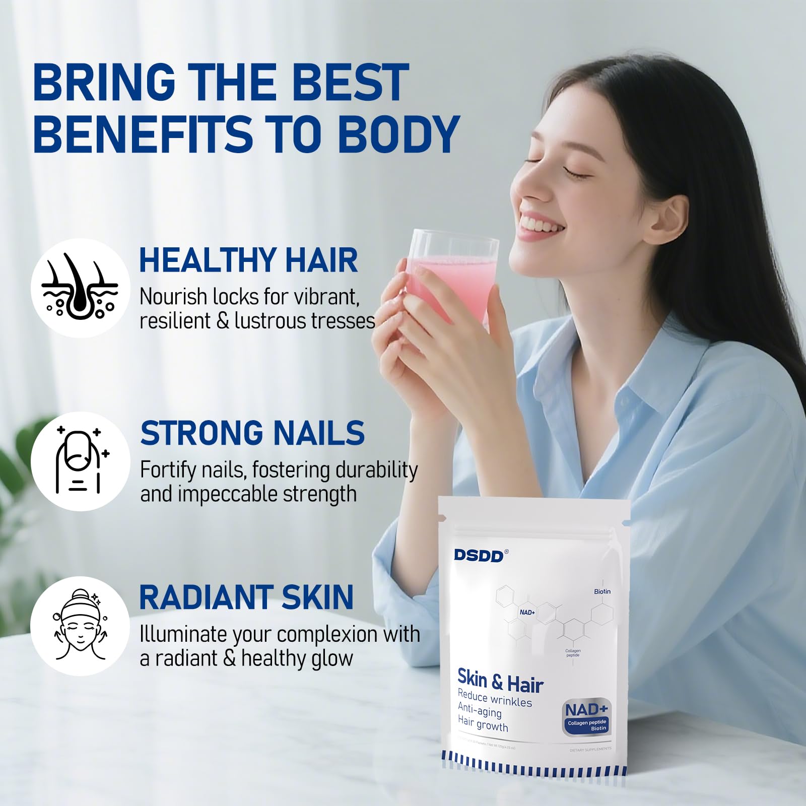Suplemento con colágeno y biotina para belleza y salud