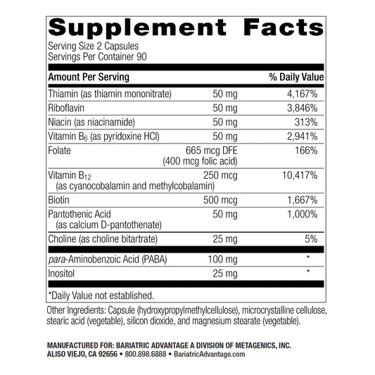 Envase de suplemento complejo b-50 con colina y vitaminas esenciales