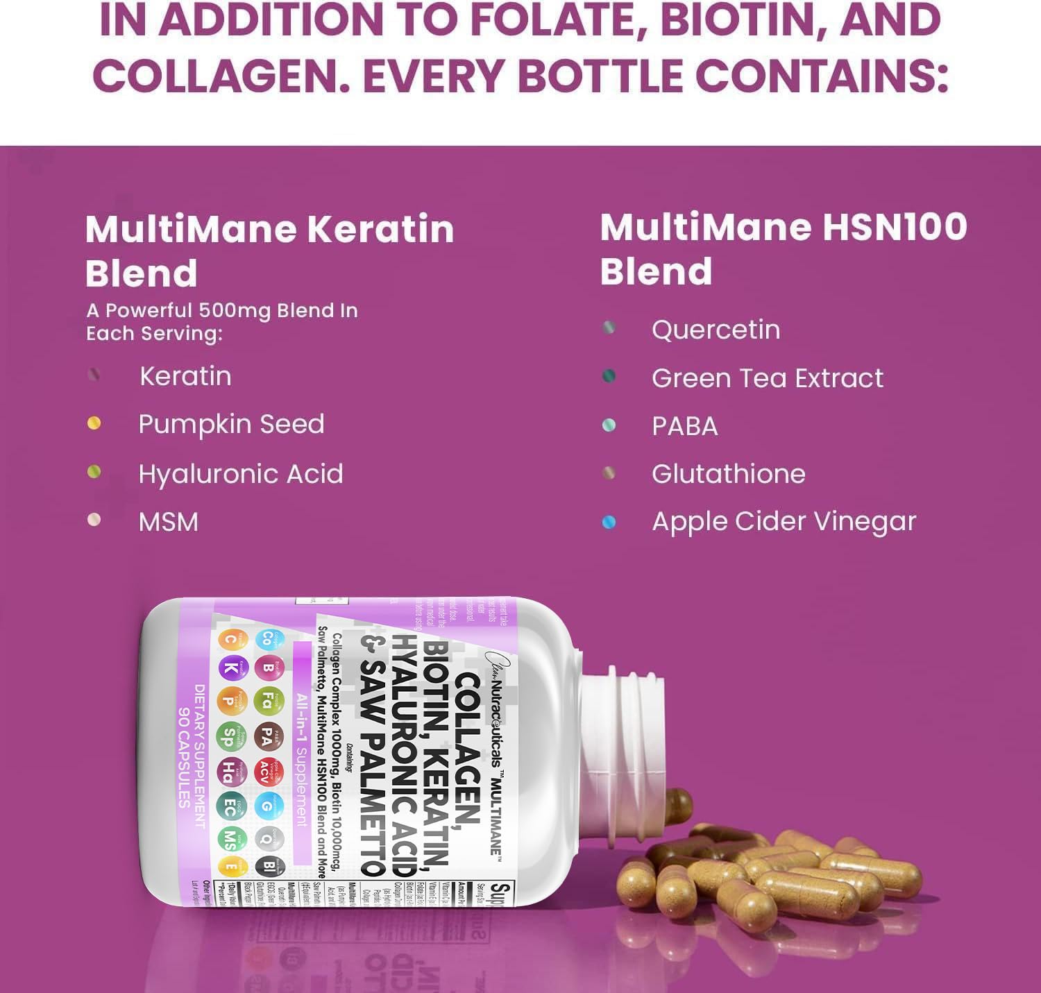 Suplemento para crecimiento de cabello Clean Nutraceuticals con biotina y saw palmetto