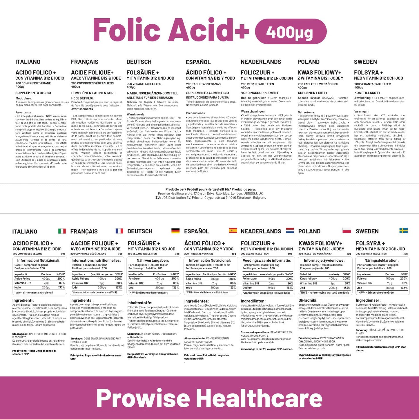 Suplemento cuidado embarazo Prowise ácido fólico yodo b12