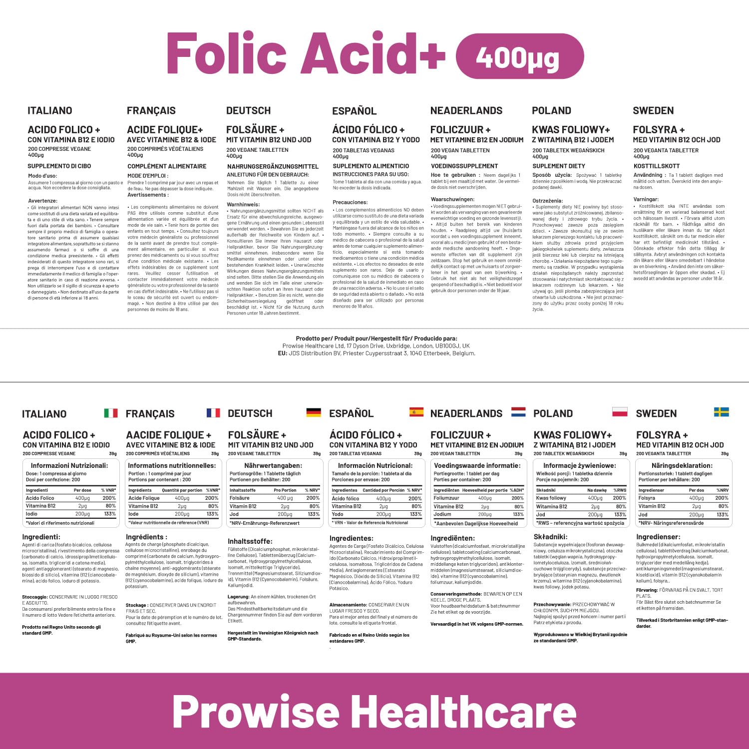 Suplemento cuidado embarazo Prowise ácido fólico yodo b12