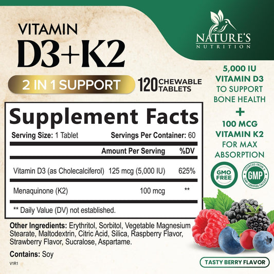 Suplemento D3 K2 5000 IU y 100 mcg MK-7 para salud inmune y ósea