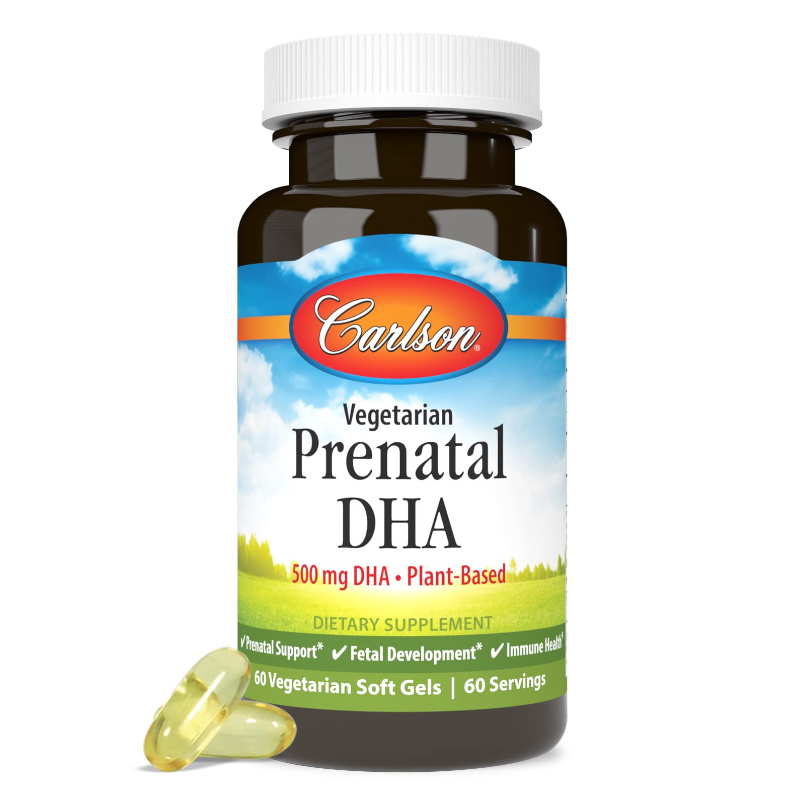 Suplemento DHA prenatal vegetariano Carlson cápsula vista lateral