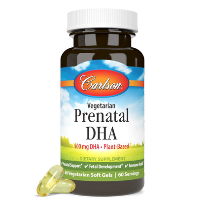 Suplemento DHA prenatal vegetariano Carlson cápsula vista lateral
