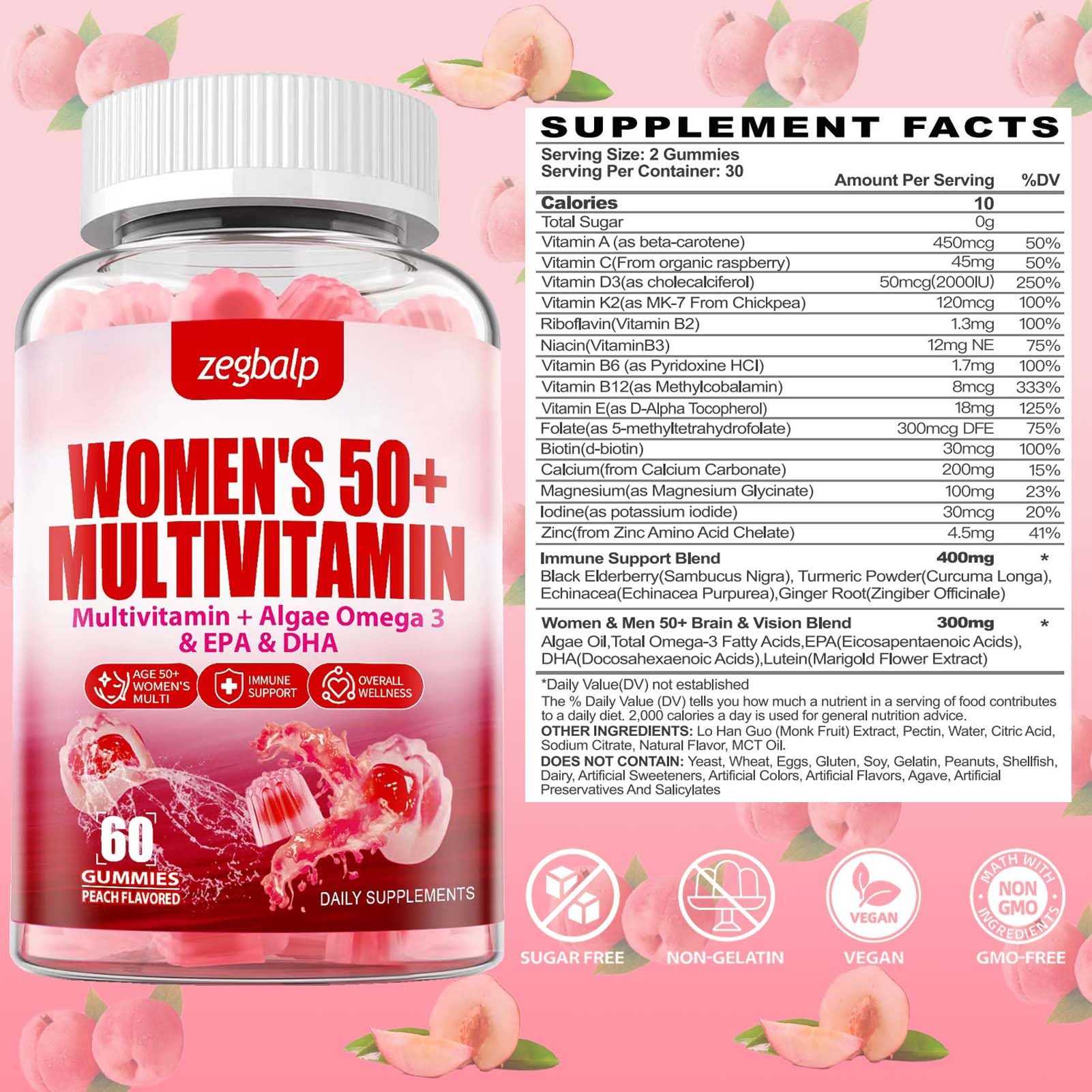 Suplemento diario multivitamínico para mujeres 50+ con detalles