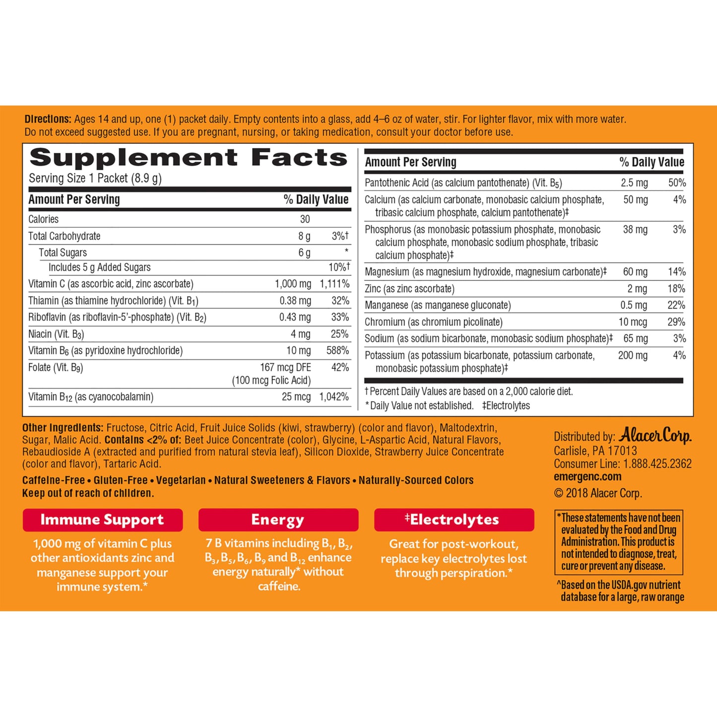 Suplemento efervescente Emergen-C vitamina C soporte diario