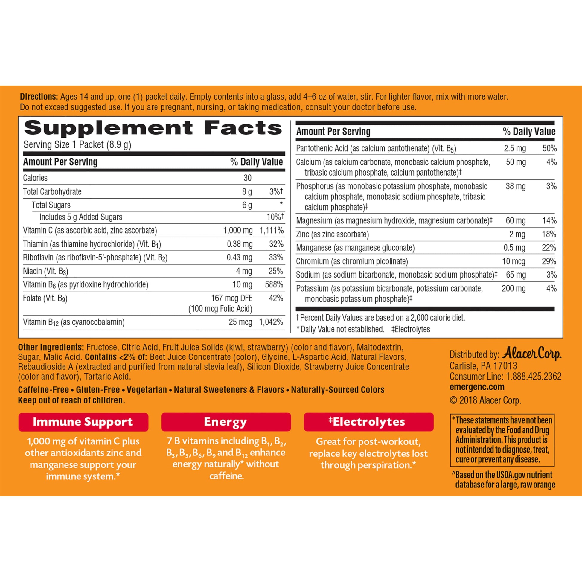 Suplemento efervescente Emergen-C vitamina C soporte diario