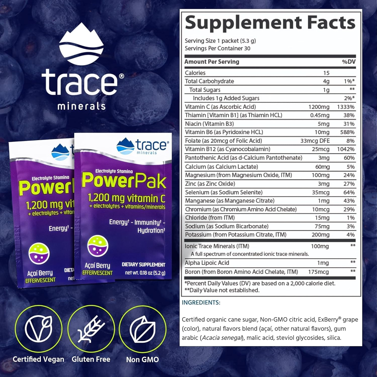 Suplemento electrolitos con magnesio y zinc sabor acai berry