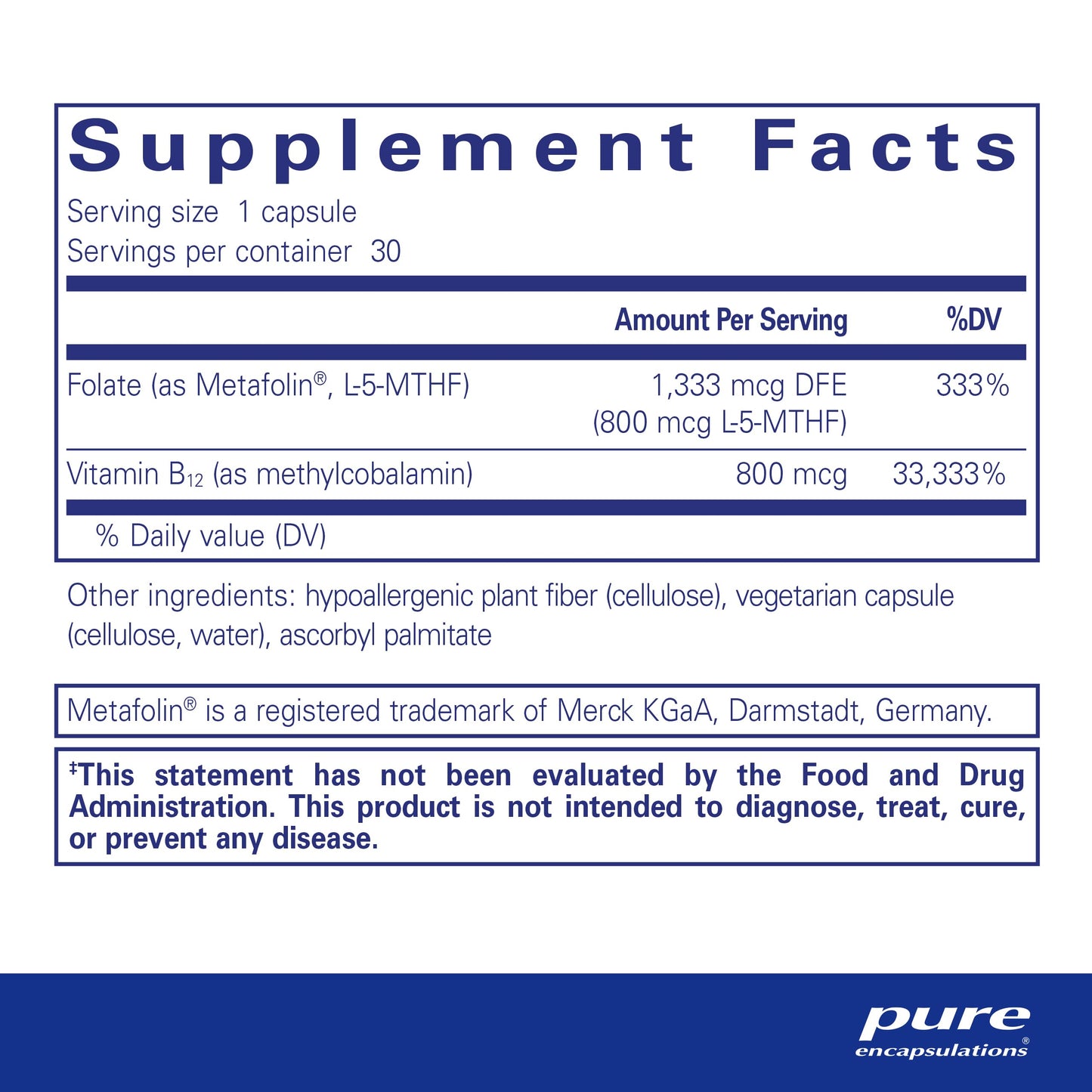 Suplemento energético B12 folato Pure Encapsulations