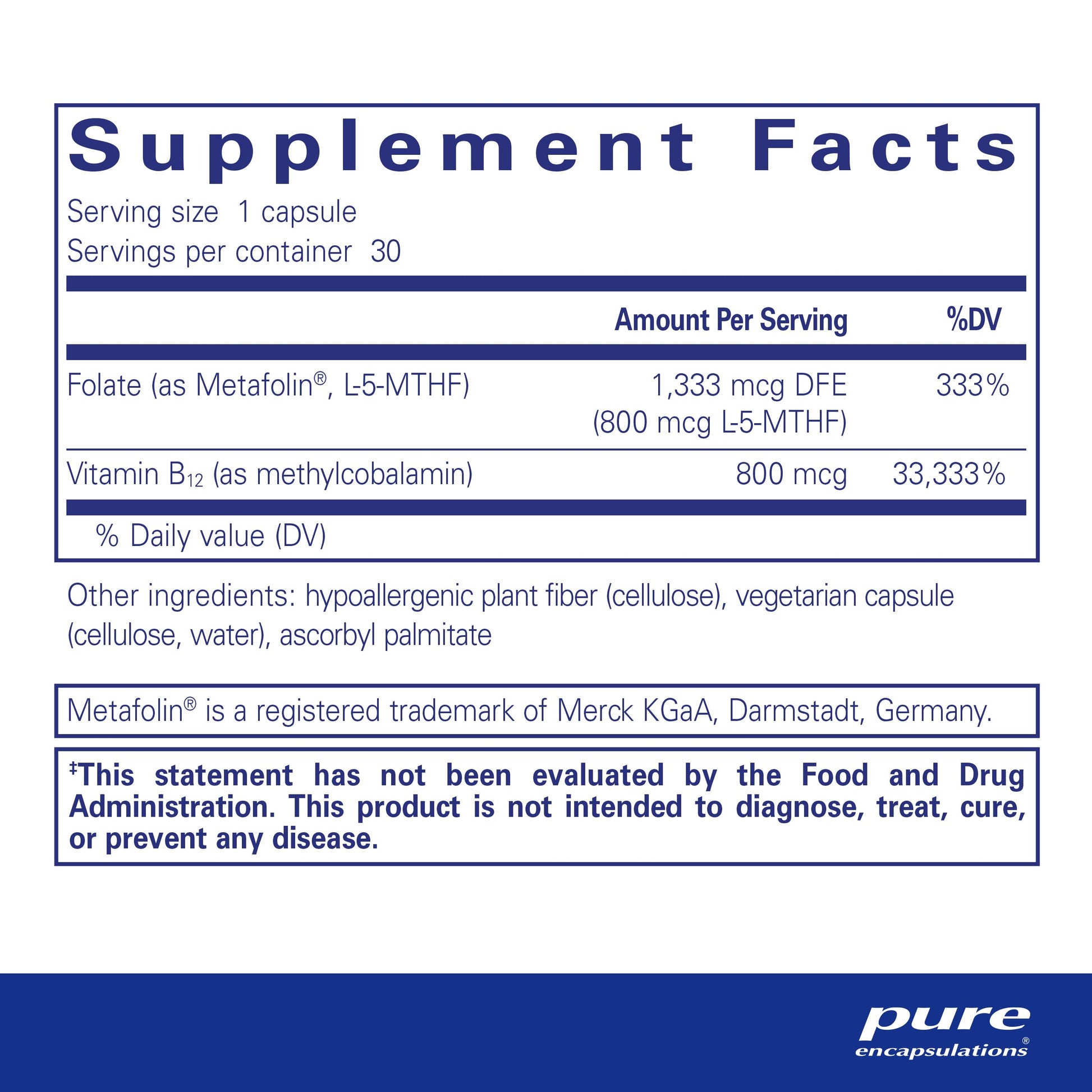 Suplemento energético B12 folato Pure Encapsulations
