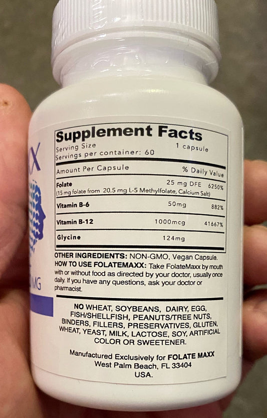 Suplemento FolateMaxx cápsulas L-metilfolato B12 B6 sin gluten