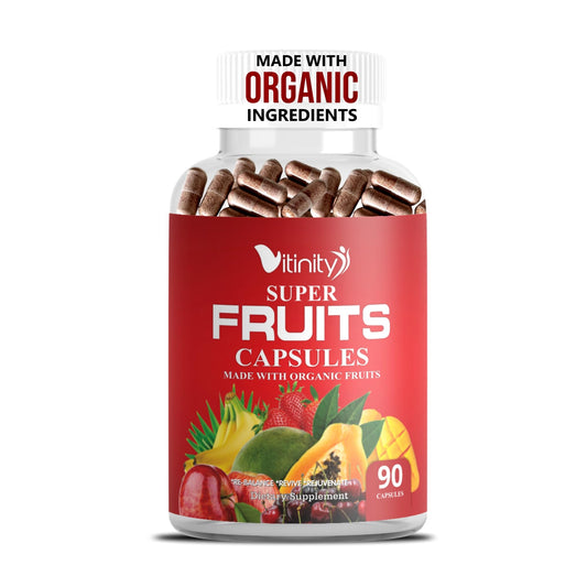 Suplemento de frutas Vitinity con ingredientes orgánicos en cápsulas