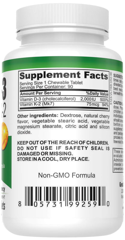 Suplemento GL Nutrition vitamina D3 + K2 masticable con alta absorción