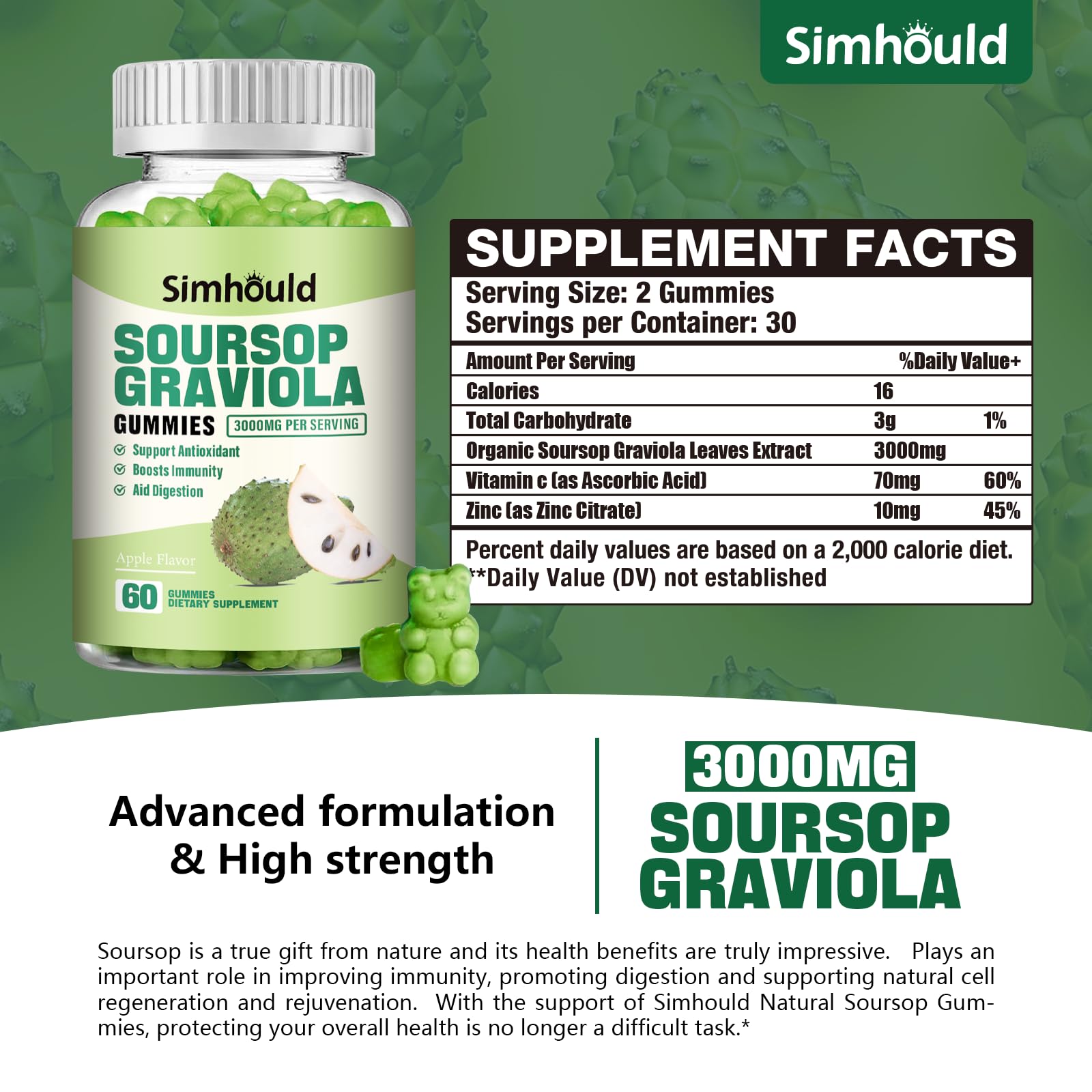 Suplemento de gomitas con extracto de guanábana y zinc.