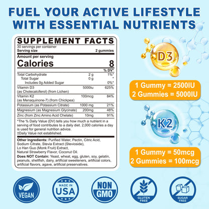 Suplemento gomitas vitamina D3 5000 UI K2 magnesio potasio