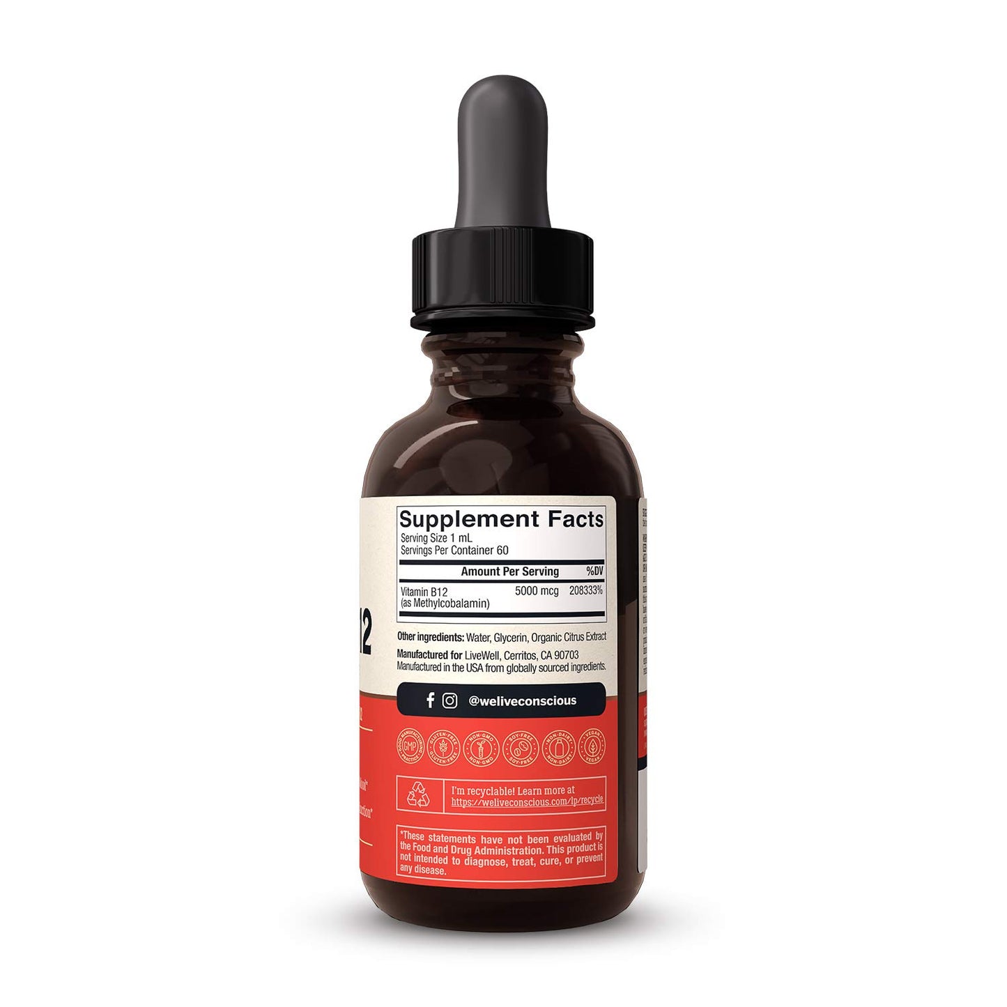 Suplemento gotas B12 vegana Live Conscious detalle