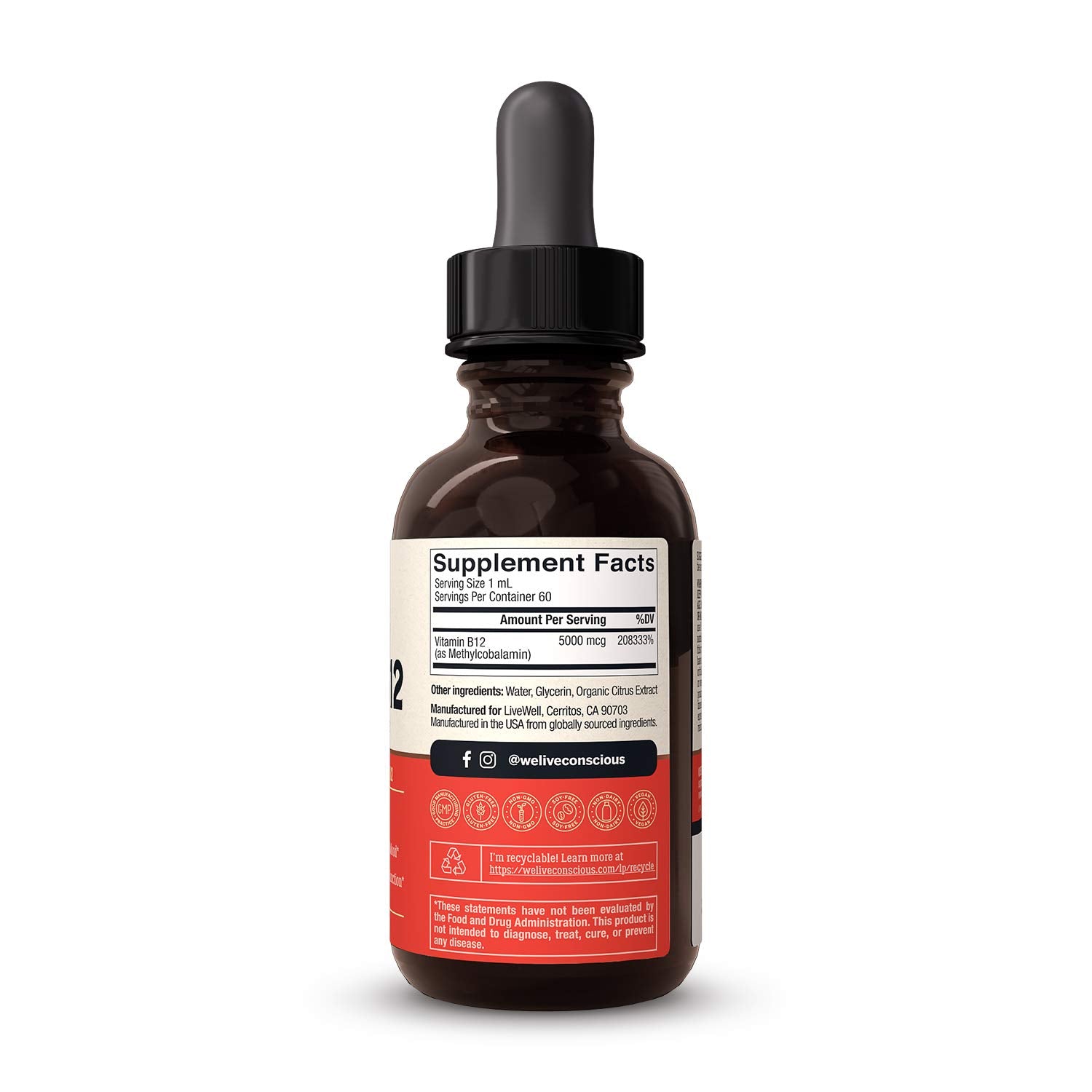 Suplemento gotas B12 vegana Live Conscious detalle