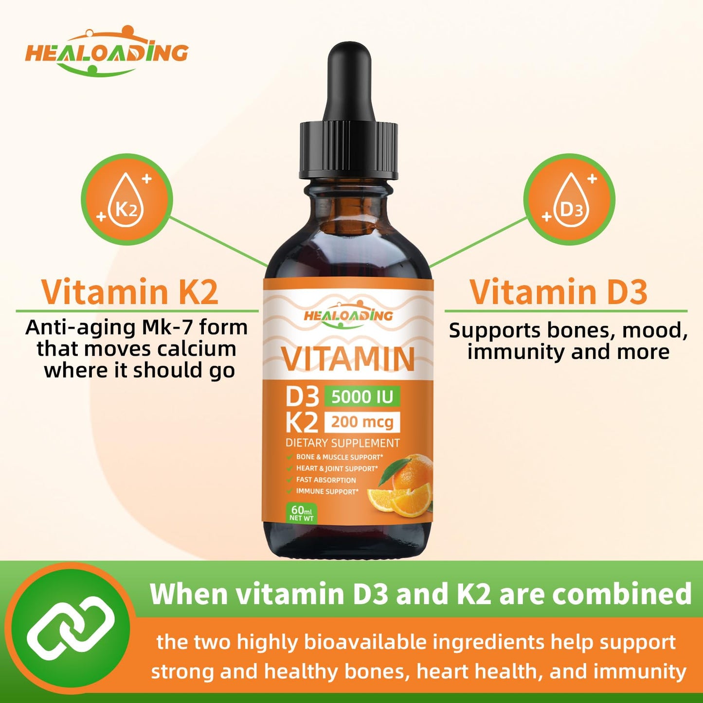 Suplemento gotas vitamina D3 y K2 orgánico HEALOADING 30ml