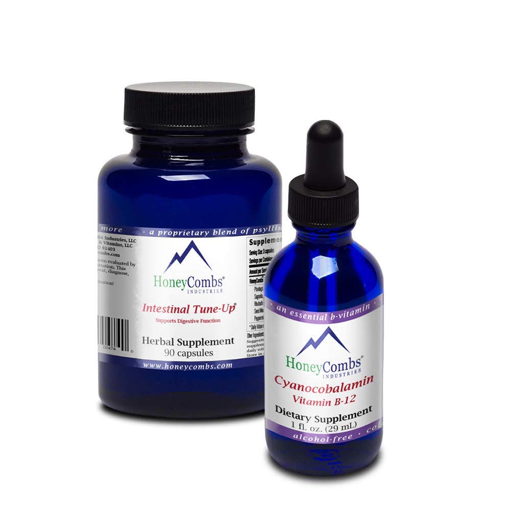 Suplemento HoneyCombs Intestinal Tune-Up y B12 líquida botella frontal